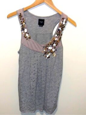 Deletta Beaded Tank Top Sequin Embellished Scoop Neck Distressed Size Small